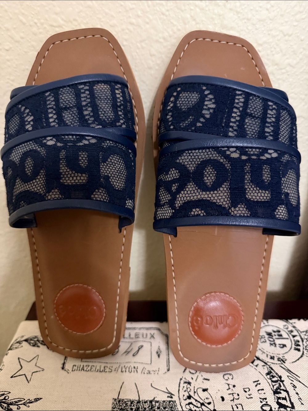 Chloe Navy Blue Logo Mesh Slide Sandals